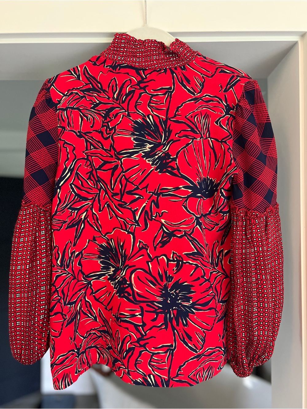 Anthropologie Bl^nk London Vivant Mix Print Red & Blue Mock Neck Peasant Blouse - Picture 6 of 7